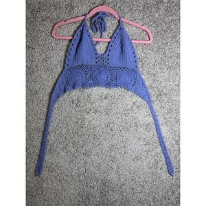 Blue Crochet Bralette Small Boho Festival Halter Crop Top Tie Back